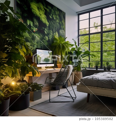 Urban jungle, love for plants concept. Interior of cozy home garden with fresh green houseplants, natural home decor 105389502
