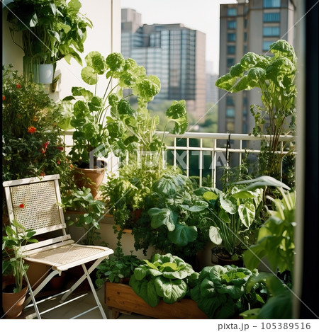 Urban jungle, love for plants concept. Interior of cozy home garden with fresh green houseplants, natural home decor 105389516