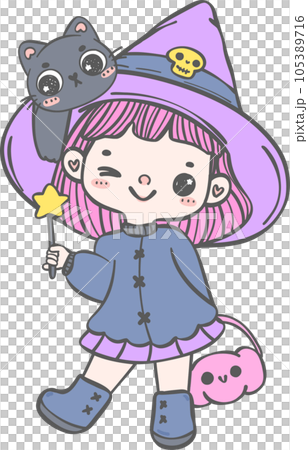 Cute and kawaii whimsical diversity Halloween Witch Cartoon hand drawing 105389716