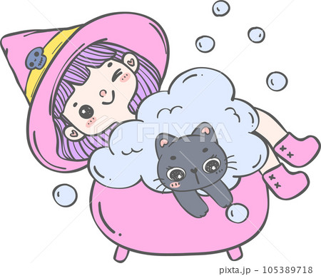 Cute and kawaii whimsical diversity Halloween Witch Cartoon hand drawing 105389718