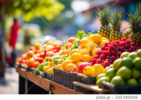 Local market with fresh farm products. Fruit close-up on street counter 105390089