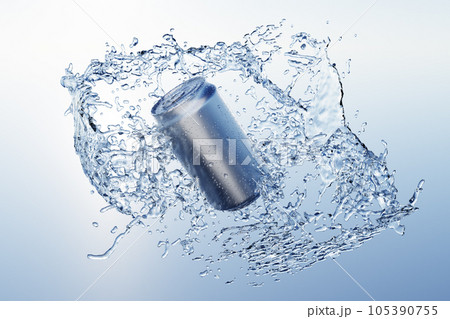 缶に衝突して弾け飛ぶ水の3Dイラスト 105390755