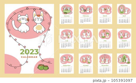 Calendar 2023. Calendar sheets with all months including cover in English. Cartoon vector illustration. Calendar 2023. Calendar sheets with all months including cover in English. Cartoon vector illustration. 105391097