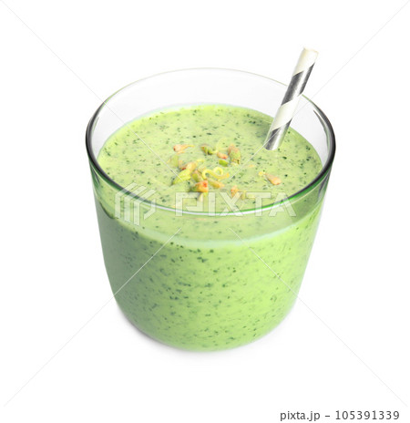 Glass of green buckwheat smoothie isolated on white 105391339