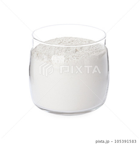 Organic flour in glass jar isolated on white 105391583