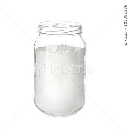 Organic flour in glass jar isolated on white Organic flour in glass jar isolated on white 105391586
