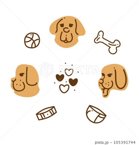 Newfoundland dog set2. Small set with Newfoundland dog heads, bone, ball, bowl, collar, hearts. Color cartoon doodle illustration. 105391744