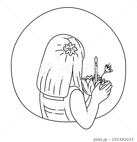 Girl with krathong3. The girl, depicted waist-deep, holds a krathong in her hands. White and black cartoon vector illustration. Girl with krathong3. The girl, depicted waist-deep, holds a krathong in her hands. White and black cartoon vector illustration. 105392033