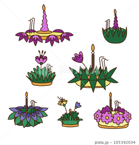 Krathong set. A small set of seven krathongs of different shapes and sizes. Color cartoon vector illustration. 105392034