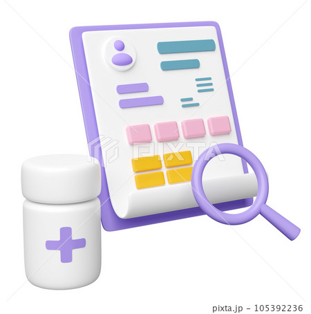 3d medical checklist paper report  with medicine bottle, magnifying glass isolated. health check concept, 3d render illustration 105392236