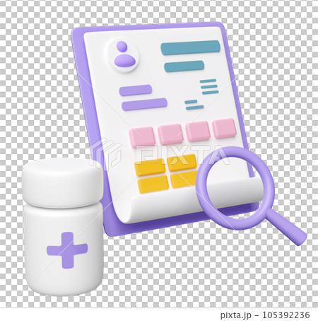 3d medical checklist paper report  with medicine bottle, magnifying glass isolated. health check concept, 3d render illustration 105392236