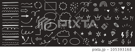 Sketch line arrow element, star, heart shape on chalkboard background. Hand drawn doodle sketch style circle, cloud speech bubble grunge element. Arrow, star, heart decoration. Vector 105393168