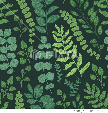 Vintage dark botany leaves vector background. Creative texture for fabric, textile, design and fashion prints. Vintage dark botany leaves vector background. Creative texture for fabric, textile, design and fashion prints. 105393258