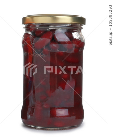 Glass jar with pickled beans isolated on white 105393293