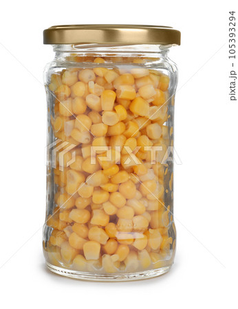 Glass jar with pickled corn isolated on white 105393294
