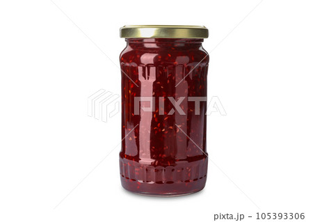 Jar of raspberry jam isolated on white 105393306