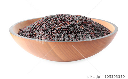 Brown rice in wooden bowl isolated on white 105393350