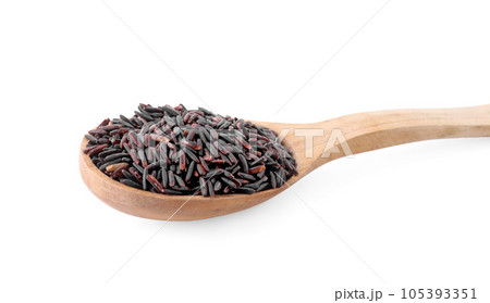 Brown rice in wooden spoon isolated on white Brown rice in wooden spoon isolated on white 105393351