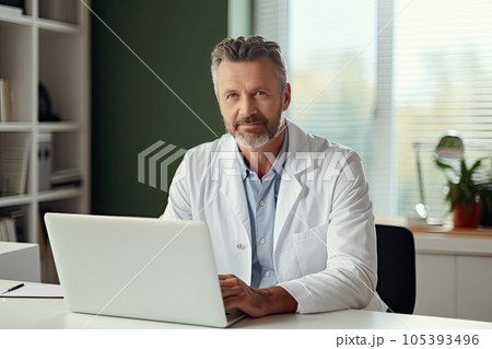 Smiling Caucasian middle aged male doctor in his office. 105393496