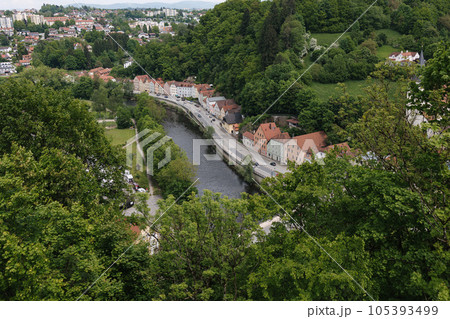The place where three rivers merge. The view from the mountain on the banks of the rivers 105393499