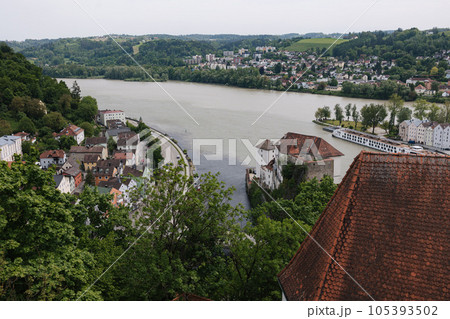The place where three rivers merge. The view from the mountain on the banks of the rivers 105393502