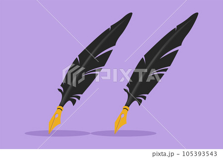 Graphic flat design drawing retro feather quill pen logo, label, flyer, sticker, card, symbol. Old literature and poet writing feather pen supply. Classic stationery. Cartoon style vector illustration Graphic flat design drawing retro feather quill pen logo, label, flyer, sticker, card, symbol. Old literature and poet writing feather pen supply. Classic stationery. Cartoon style vector illustration 105393543