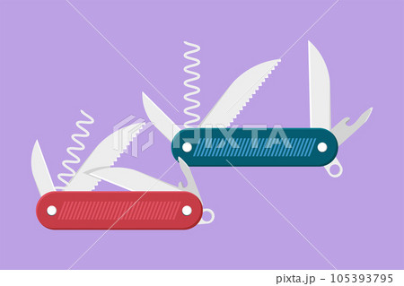 Graphic flat design drawing multi purpose pocket knife for outdoor camping equipment. Multi function tool hover concept, logotype label, flyer, sticker, card, symbol. Cartoon style vector illustration 105393795