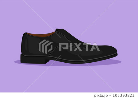 Graphic flat design drawing shoes realistic with stylish black men oxford boots for cobbler shoe shop for ads, promo, banner of accessories kit for shoeshine service. Cartoon style vector illustration Graphic flat design drawing shoes realistic with stylish black men oxford boots for cobbler shoe shop for ads, promo, banner of accessories kit for shoeshine service. Cartoon style vector illustration 105393823