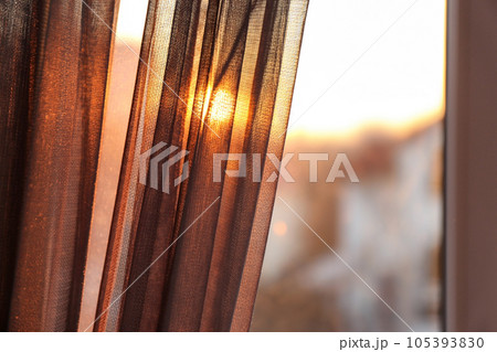 Window with beautiful transparent curtain, closeup view Window with beautiful transparent curtain, closeup view 105393830