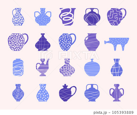 Colorful set ceramic pots in vector flat style. Silhouette jug in doodle style 105393889