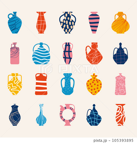 Ceramic pots are decorated with simple but bright graphics. Vector illustrations for design 105393895