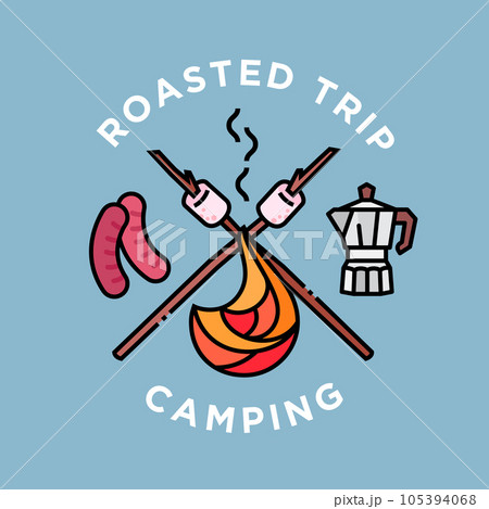 roasted camping trip poster colored line design vector illustration 105394068