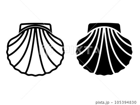ホタテ貝やアコヤ貝のシルエットアイコン。二枚貝のシンプルなデザイン。 ホタテ貝やアコヤ貝のシルエットアイコン。二枚貝のシンプルなデザイン。 105394830
