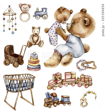 Set of watercolor baby toys and teddy bear. Wood kids toys watercolor hand drawn. Educational wooden blocks and objects for toddlers.Perfect for wedding invitation, greetings card, posters. 105394856