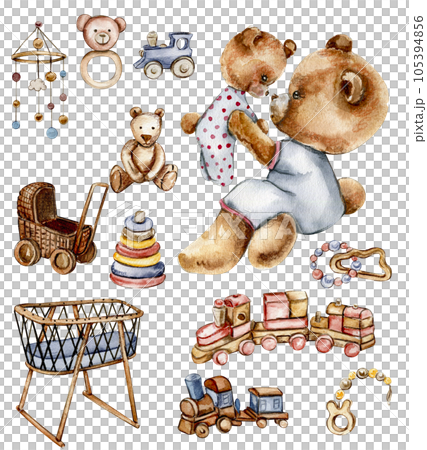 Set of watercolor baby toys and teddy bear. Wood kids toys watercolor hand drawn. Educational wooden blocks and objects for toddlers.Perfect for wedding invitation, greetings card, posters. 105394856
