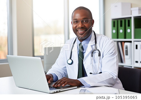 African American middle aged male doctor sitting in front of laptop monitor in his office and looking at camera. 105395065