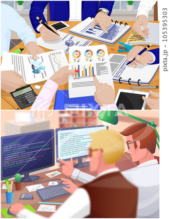 Business meeting scenes set with brainstorming team discussion people, programmers write code Business meeting scenes set with brainstorming team discussion people, programmers write code 105395303