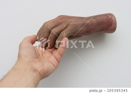 Man's hand touching the artificial hand from a large doll 105395345