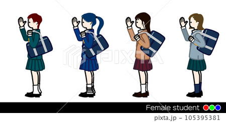 学生服のブレザーを着た女子学生が通学。横向き人物の手書きイラストセット。 105395381