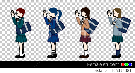 学生服のブレザーを着た女子学生が通学。横向き人物の手書きイラストセット。 105395381