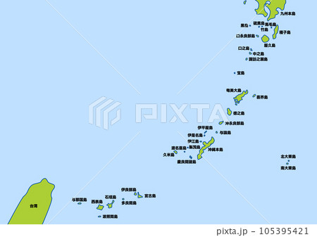 沖縄の南国リゾート。日本の南にある離島の地図と名前。 105395421