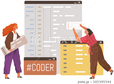 Programmer engineering and coding. Set of programmers working on web development on computers 105395544
