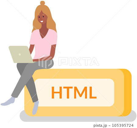 Woman programmer working withl aptop to create websites, programming or coding with text HTML 105395724