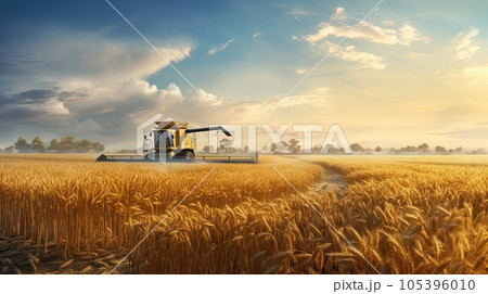 Combine harvester working in a wheat field. 105396010