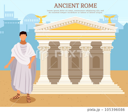 Ancient citizen near roman pantheon temple building with columns, antique culture vector poster 105396086