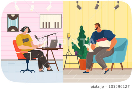 People communicate during podcast. Live communication at interview. Recording audio podcast 105396127