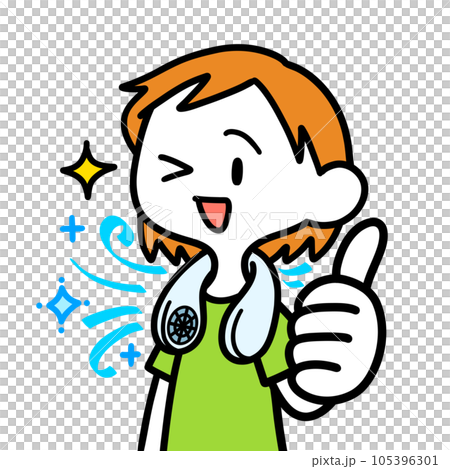 A woman cooling off with a neck fan A woman cooling off with a neck fan 105396301