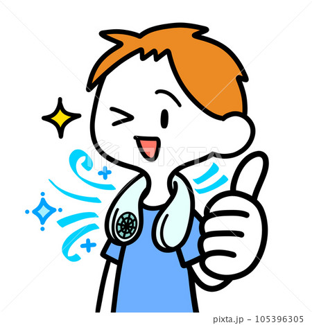 首掛け扇風機で涼をとる男性 105396305