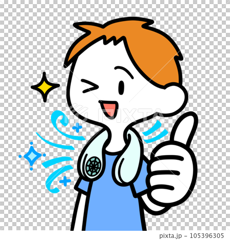 首掛け扇風機で涼をとる男性 105396305