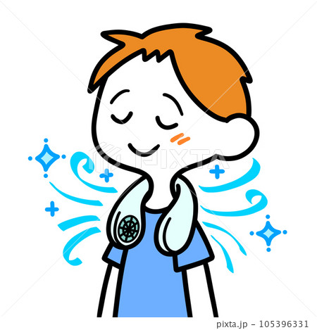 首掛け扇風機で涼をとる男性 首掛け扇風機で涼をとる男性 105396331